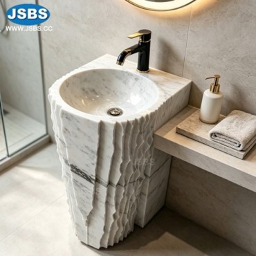White Marble Wavy Carved Pedestal Sink, JS-WB072