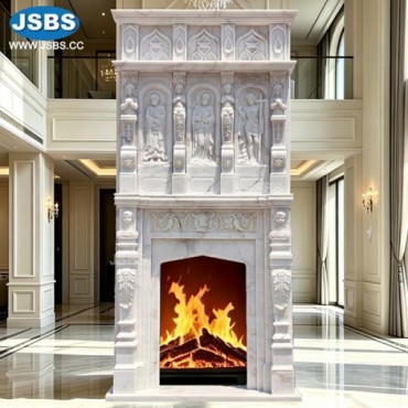 White Marble Gothic Fireplace Surround with Religious Figure Carvings, js-fp603