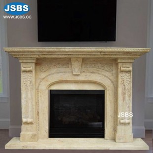 Ornate Beige Marble Fireplace, JS-FP314