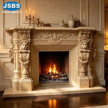 Cream Fireplace Mantel with Lions, JS-FP011