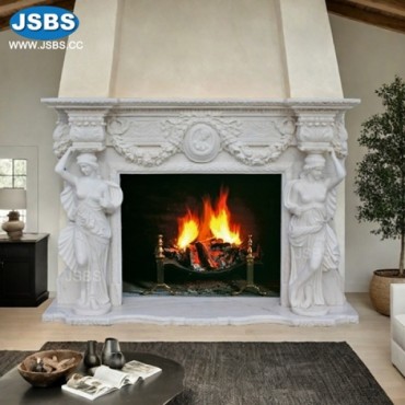 white marble fireplace with female figures and exquisite carvings, JS-FP417
