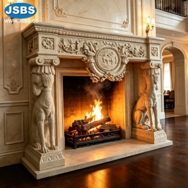 Elegant Marble Fireplace with Animal Sculptures, JS-FP059