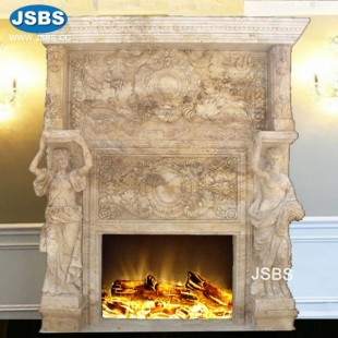 Ornate Beige Marble Fireplace, JS-FP253