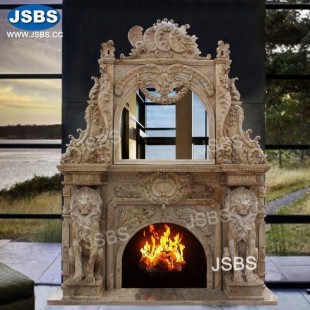 Ornate Marble Fireplace Overmantel with Lions , JS-FP291