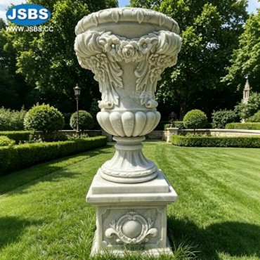 Marble Floral Carved Garden Urn on Pedestal, JS-P321