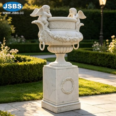 Marble Cherub Lion Head Garden Urn on Pedestal, JS-P317