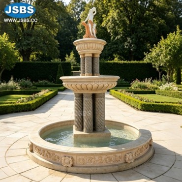 Two-Tier Marble Fountain with Twisted Columns and Statue, JS-FT350