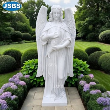 White Marble Angel with Fish Headstone, js-c420