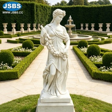 White Marble Female Goddess Statue with Rose Garland for Garden, js-c524