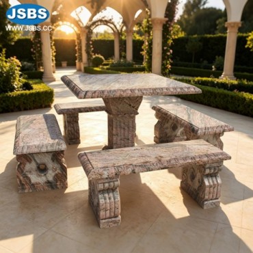 Red Granite Square Garden Table and Bench Set, JS-T162